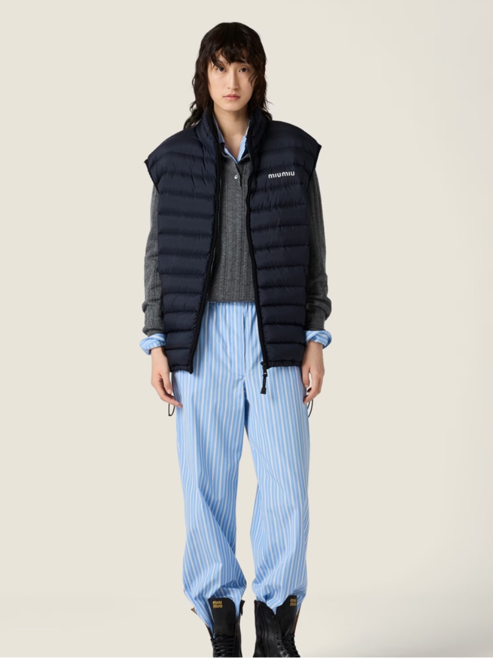 New Miu Miu Light Pongé Navy Puffer Down Vest